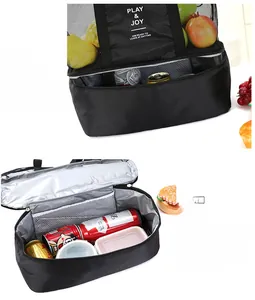 Detail of double-layer picnic bag with mesh top and insulated thermal bottom compartment