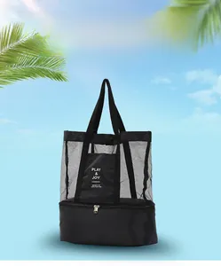 Black double-layer insulated picnic bag with breathable mesh top and shoulder strap