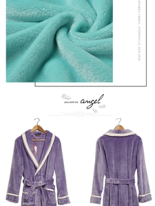Detail of purple flannel bathrobe featuring soft breathable fabric and white contrast trim