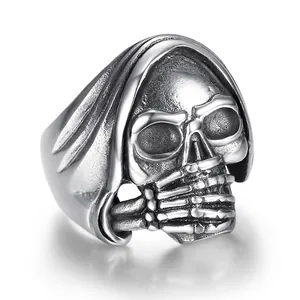 3D gothic skull ring in stainless steel with punk style hooded skull design on white background
