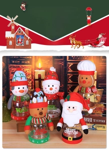Detail view of Christmas clear candy jars with 3D Santa, snowman and elk cartoon lids
