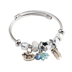 Detailed view of silver braided stainless steel bracelet with diverse fashion charms
