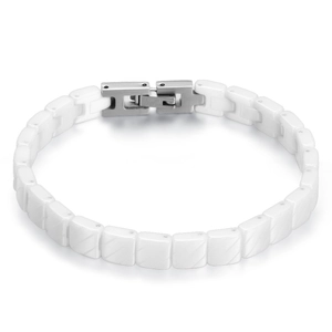 Adjustable white ceramic bracelet with stainless steel clasp shown on a white background