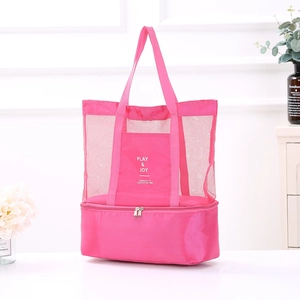 Rose pink mesh picnic bag with insulated cooler bottom for outdoor travel and sports