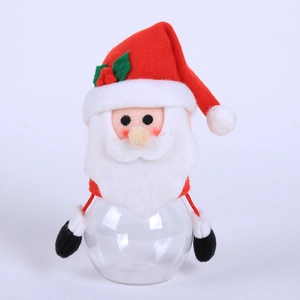 Christmas Santa Claus transparent plastic candy jar with plush red lid and storage container