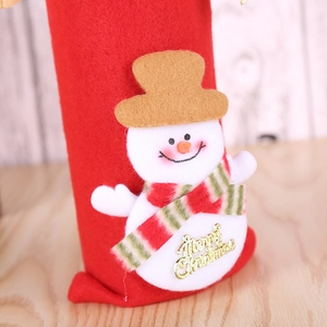 Christmas wine bottle cover with 3D snowman and Merry Christmas text on red felt fabric