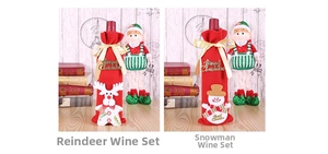 Detail of Christmas wine bottle covers featuring reindeer and snowman with gold bows