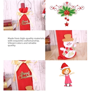 Detail of red fleece Christmas wine bottle cover with gold bow and snowman decoration