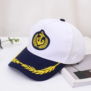 Detailed embroidery of gold anchor and laurel leaves on a nautical sailor hat