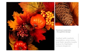 Macro detail of artificial maple leaves, pine cones and pumpkins on an autumn wreath