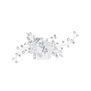 Elegant bridal hair comb with white pearls and crystals on silver wire base