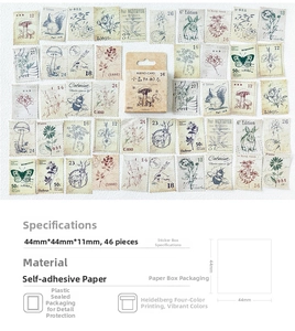 Macro shot of forest stamps stickers with mushroom and squirrel illustrations