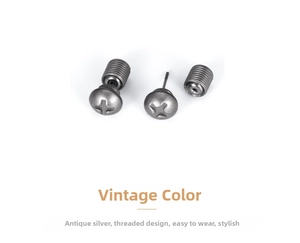 Detailed view of industrial screw stud earrings with vintage silver finish and threaded back