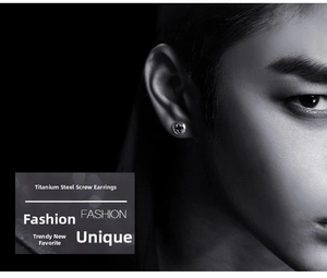 Detail of cross-slot screw head earring in titanium steel worn by male model