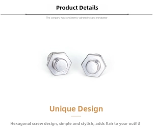 Macro view of silver titanium steel hexagonal screw stud earrings with industrial finish