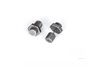 Macro detail of industrial style 316L titanium steel screw stud earrings with matte finish