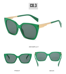 Detailed views of translucent green square sunglasses with premium gold metal temples
