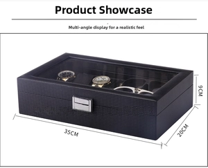 Detail of carbon fiber watch and glasses box with transparent window and metal lock