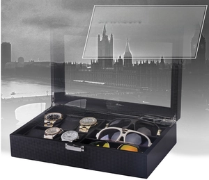 Carbon fiber watch and glasses organizer box with 6 watch slots and 3 eyewear compartments