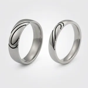 Stainless Steel Lovers Matching Rings Heart Pattern Minimalist Jewelry Polished Silver Tone Band