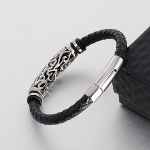Men's 6mm black braided leather bracelet with silver pattern hollow metal tube and magnetic clasp