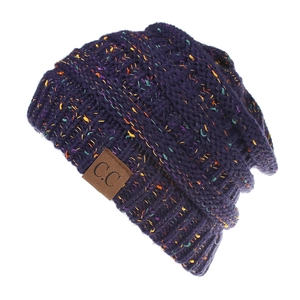 Close-up of deep purple knit beanie with colorful flecks and brown C.C leather patch