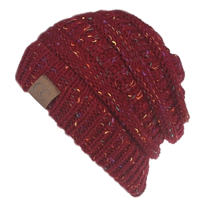 Close-up of deep red knit beanie with colorful confetti spots and C.C leather patch