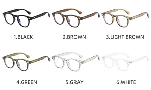 Collection de montures rondes en TR90 en six couleurs dont noir, marron et gris