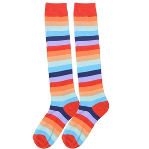 Detailed view of rainbow striped mid-calf cotton socks with red toe and heel accents