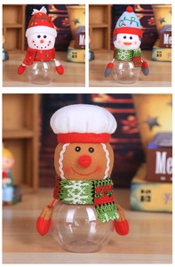 Detail of Christmas candy jars with snowman and gingerbread man plush character lids
