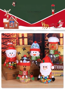 Detail of Christmas candy jars with plush snowman and reindeer heads on transparent gift boxes