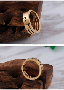 Macro shot of gold titanium steel ring with black male gender symbol and arrow engraving