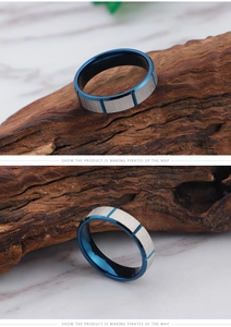 Detail of blue grooved inner band and silver brushed finish on stainless steel ring