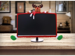 Detailed view of a plush reindeer Christmas decoration cover for computer monitors