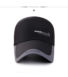 Detail view of sport baseball cap featuring side lettering and gray contrast brim trim