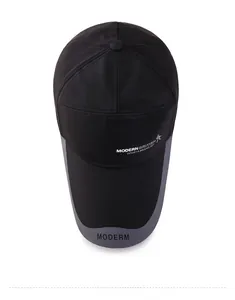 Top view of black sports baseball cap featuring quick-dry fabric and grey brim detailing