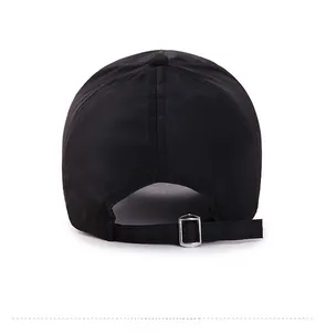 Rear view of black baseball cap with adjustable silver metal buckle on quick-dry fabric