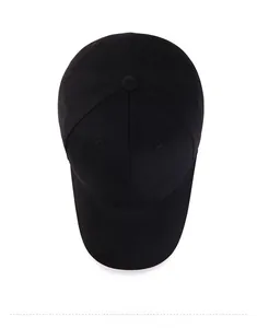 Top down view of black twill cotton baseball cap showing classic six-panel construction