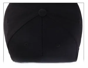 Detailed close-up of the crown stitching and fabric texture of a black cotton baseball cap