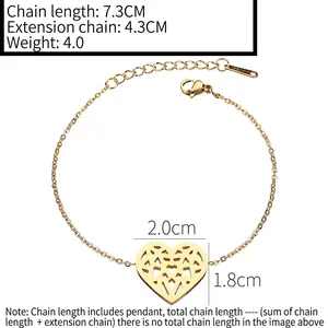 Gold-plated stainless steel hollow heart pendant bracelet with adjustable extension chain