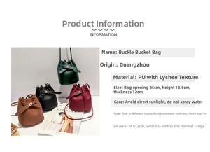 Detailed size specifications for the PU litchi pattern bucket bag with buckle design
