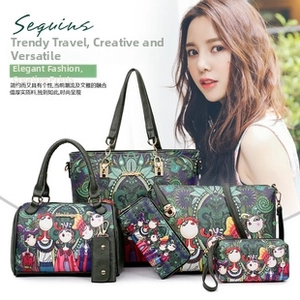 Detail of five-piece green handbag set featuring colorful cartoon art and mandala prints