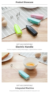 Close-up of handheld electric milk frothers in multiple colors on a wooden table