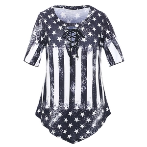Women's V-neck short sleeve T-shirt with American flag print and lace-up neck detail