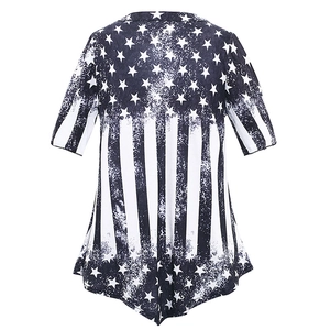 Detailed back view of women's short sleeve T-shirt with vintage black and white flag print