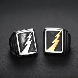 Mens vintage stainless steel signet ring with thunderbolt logo in silver and gold