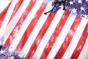 Detail of USA flag print V-neck top with black lace-up collar and star stripes