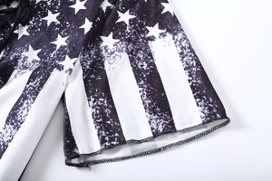Close-up of vintage flag print on v-neck t-shirt showing stitching and fabric detail