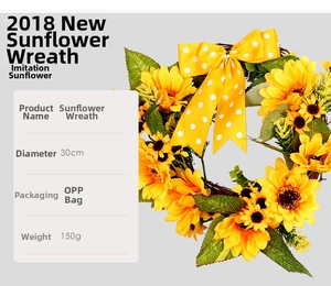 Detailed view of a 30cm artificial sunflower wreath with a yellow polka dot bow tie