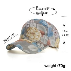 Floral print lace baseball cap showing adjustable size dimensions and sun protection design